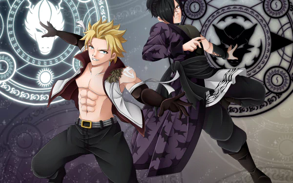 Dynamic HD wallpaper featuring Rogue Cheney and Sting Eucliffe from the anime Fairy Tail, showcasing their powerful poses against an intricate background.