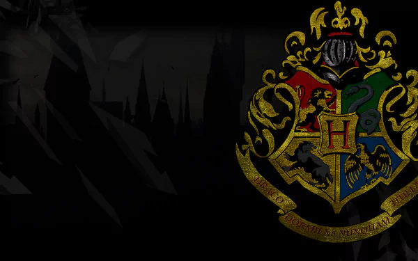 HD desktop wallpaper featuring the Harry Potter Hogwarts crest showcasing the four houses: Ravenclaw, Hufflepuff, Slytherin, and Gryffindor. The background includes shadows of castle towers.