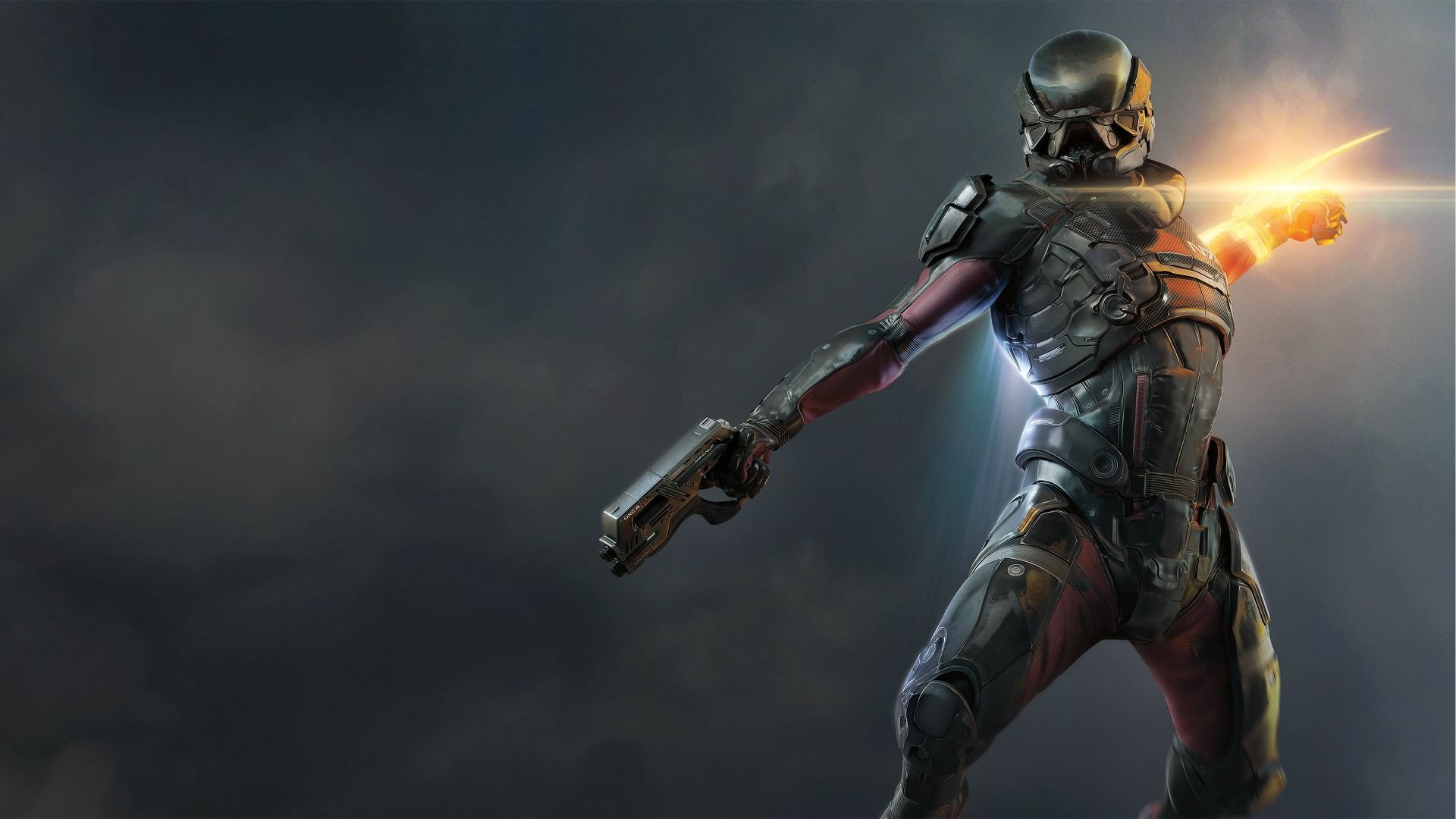 A dynamic HD wallpaper featuring a character from Mass Effect: Andromeda, armed and ready for action, set against a dramatic atmospheric background.