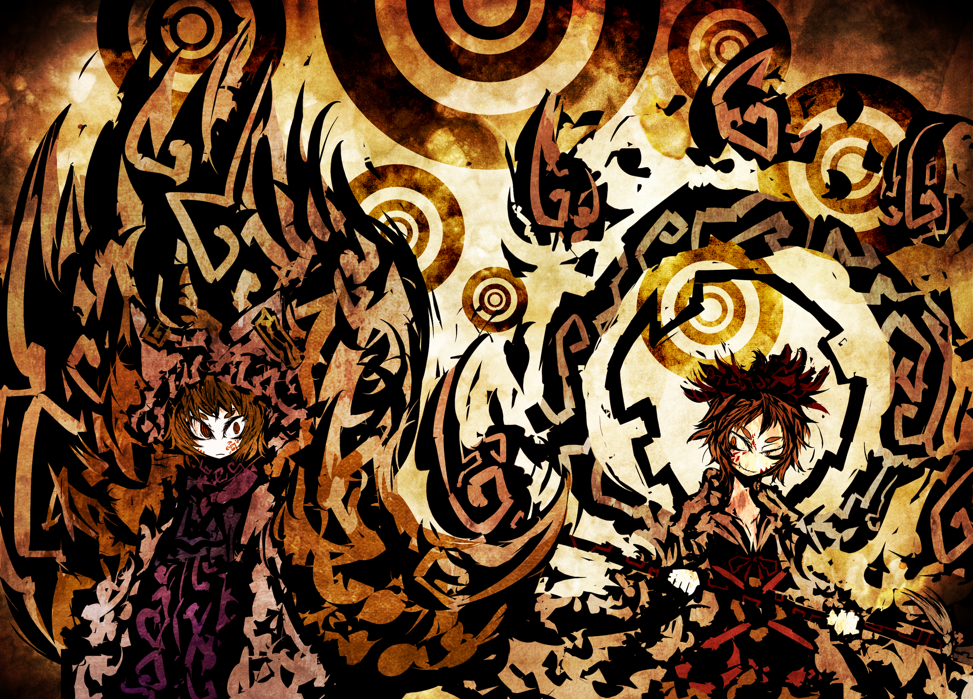 HD anime desktop wallpaper featuring Shou Toramaru and Ran Yakumo from Touhou, surrounded by dynamic, fiery patterns with black and golden hues.