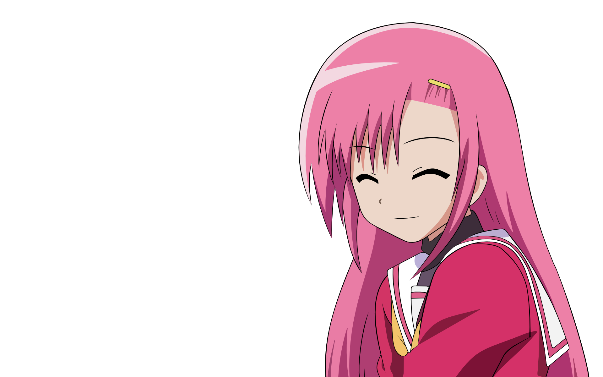 HD anime PC desktop wallpaper from Hayate the Combat Butler: a smiling pink-haired schoolgirl in a red sailor-style uniform with eyes closed.