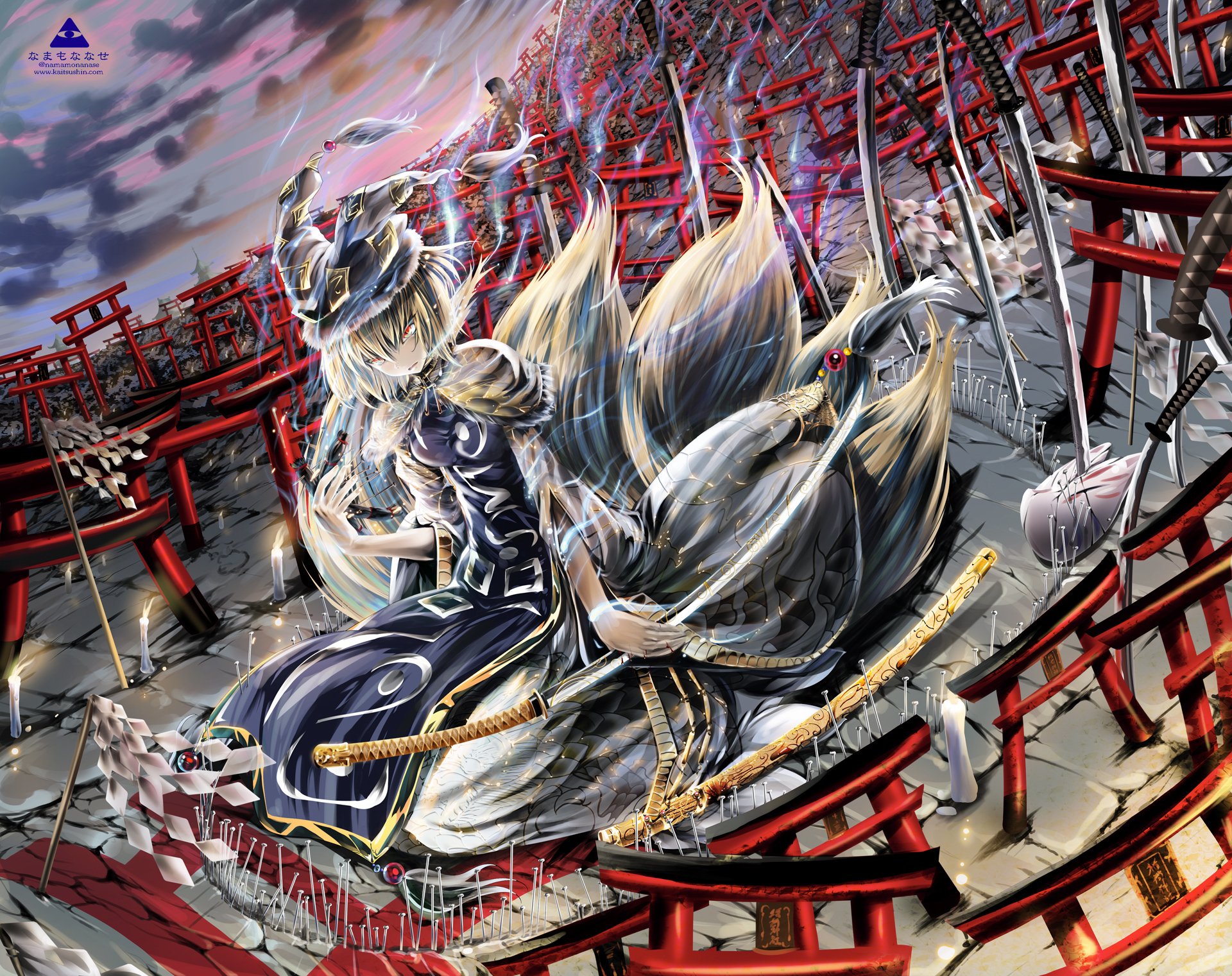 HD PC desktop wallpaper and background of Ran Yakumo (Touhou) — anime nine-tailed kitsune in ornate armor amid red torii gates and floating swords under a stormy sky.
