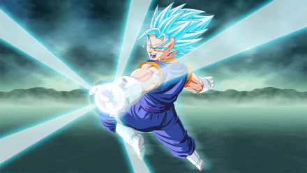 HD desktop wallpaper of SSGSS Vegito from Dragon Ball Super, showcasing Vegito's powerful stance with an energy blast amid a dramatic background. Vegito is featured with iconic blue hair and fierce expression.