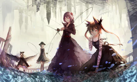 4K Ultra HD anime wallpaper featuring Touhou characters Utsuho Reiuji, Satori Komeiji, and Rin Kaenbyou in a mystical, ethereal forest setting.