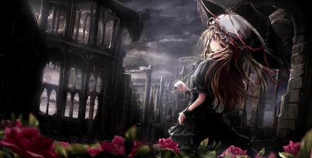 Dark gothic anime scene from Touhou featuring a mysterious character in shadowy ruins, with vivid roses in the foreground, rendered as an HD PC desktop wallpaper.