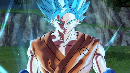 HD wallpaper featuring Goku in his Super Saiyan Blue form from the video game Dragon Ball Xenoverse 2, set against a vibrant, dynamic background.
