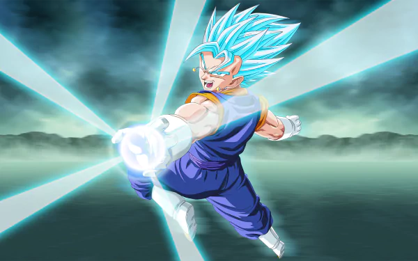 HD desktop wallpaper of SSGSS Vegito from Dragon Ball Super, showcasing Vegito's powerful stance with an energy blast amid a dramatic background. Vegito is featured with iconic blue hair and fierce expression.
