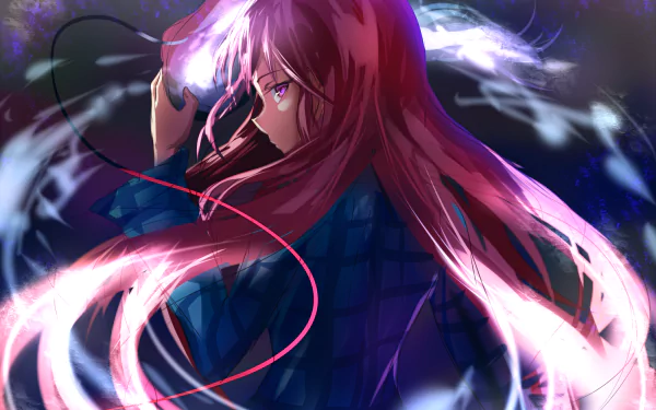 A striking HD wallpaper featuring Hata no Kokoro from Touhou, depicted with pink hair and a mask, surrounded by ethereal wisps of color.