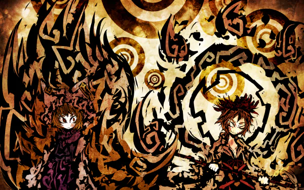 HD anime desktop wallpaper featuring Shou Toramaru and Ran Yakumo from Touhou, surrounded by dynamic, fiery patterns with black and golden hues.