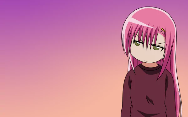 Anime 2K Quad HD desktop wallpaper: pink-haired Hayate the Combat Butler figure with hairpins and a bored expression in a maroon sweater on a purple-to-peach gradient background.