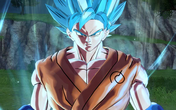 HD wallpaper featuring Goku in his Super Saiyan Blue form from the video game Dragon Ball Xenoverse 2, set against a vibrant, dynamic background.
