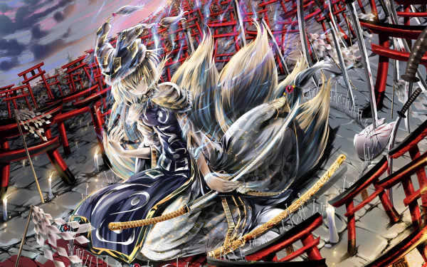 HD PC desktop wallpaper and background of Ran Yakumo (Touhou) — anime nine-tailed kitsune in ornate armor amid red torii gates and floating swords under a stormy sky.