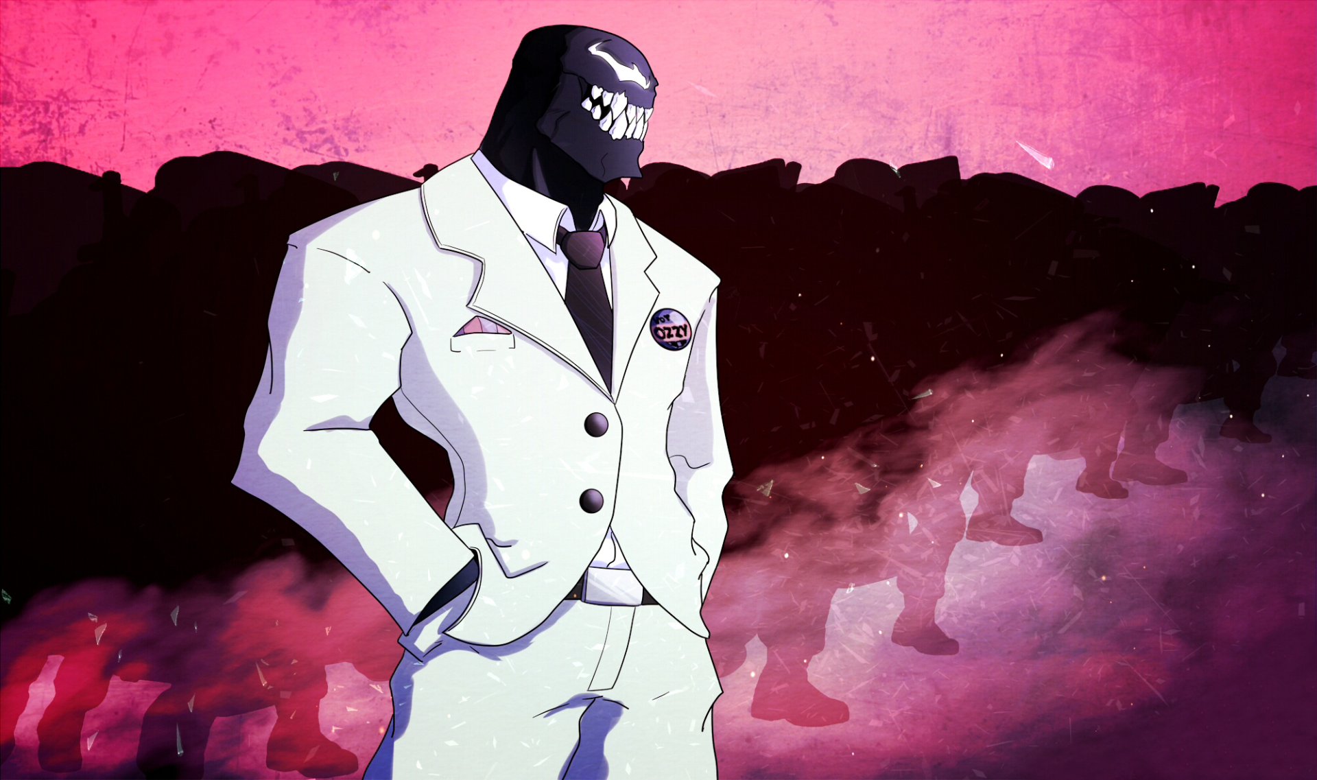 HD PC desktop wallpaper featuring Venom from comics, dressed in a sharp white suit against a pink and black smoky background.