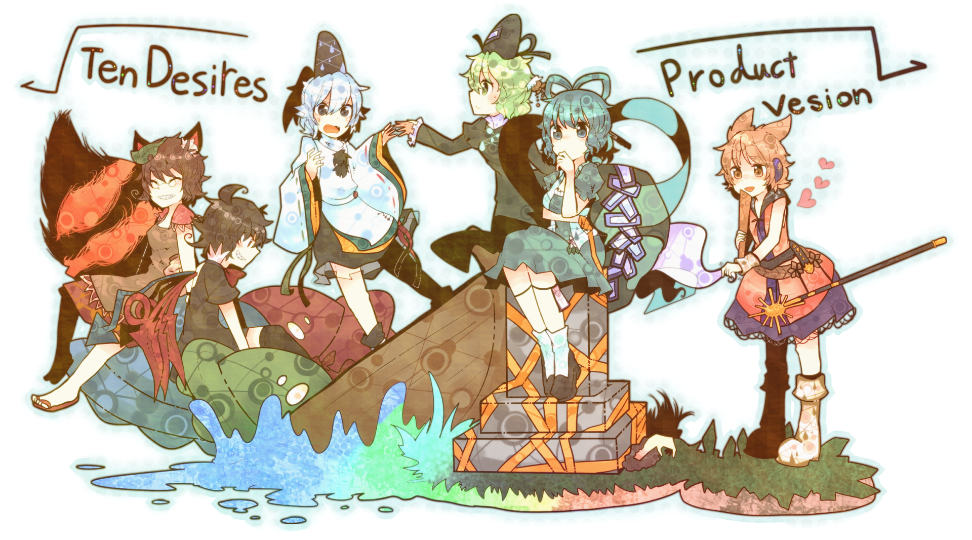 HD PC desktop wallpaper of Touhou anime characters Toyosatomimi no Miko, Mamizou Futatsuiwa, Soga no Tojiko, Mononobe No Futo, Nue Houjuu and Seiga Kaku on stylized floating isles.
