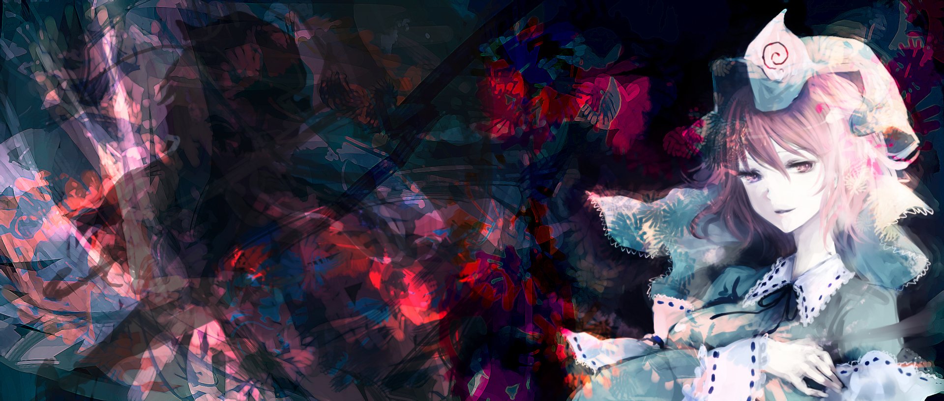HD PC wallpaper of Yuyuko Saigyouji from Touhou: an ethereal anime portrait with pale pink hair, ghostly kimono and swirling dark abstract florals.