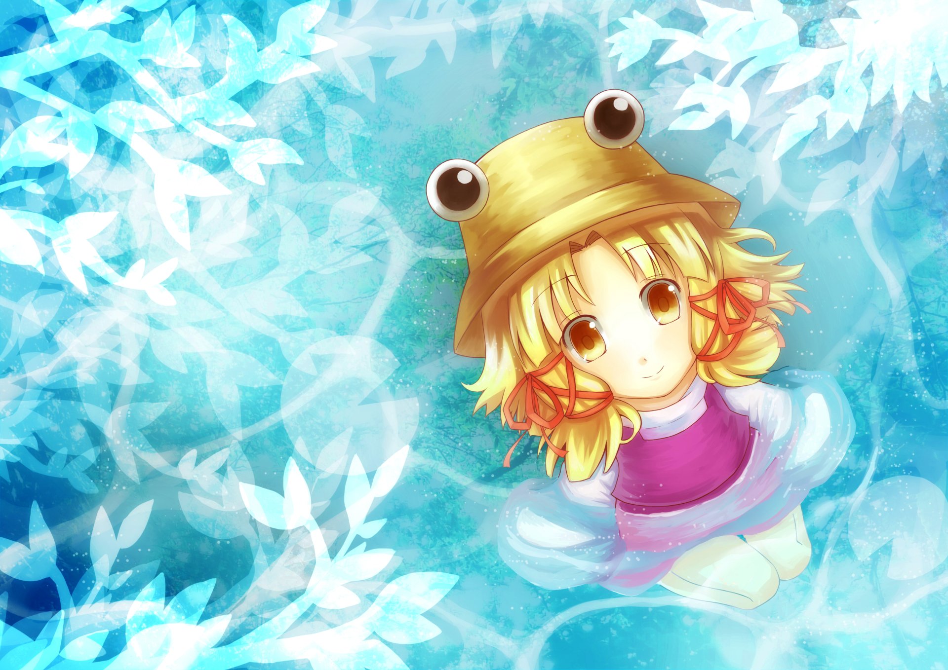 Anime wallpaper of Suwako Moriya (Touhou), 2K Quad HD desktop background featuring her in a frog-shaped hat amid swirling blue water and white leaf-like patterns.