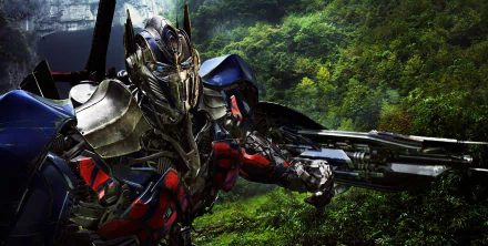 HD wallpaper featuring Optimus Prime from Transformers: Age of Extinction, showcasing the iconic Autobot against a lush, vibrant green background.