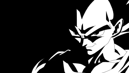 A striking black and white HD wallpaper featuring Vegeta from Dragon Ball Z, showcasing his intense expression and iconic design against a dark background.