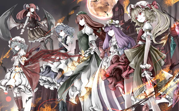 HD PC desktop wallpaper featuring Remilia Scarlet, Flandre Scarlet, Patchouli Knowledge, Sakuya Izayoi, Hong Meiling, and Koakuma from the Touhou anime series.