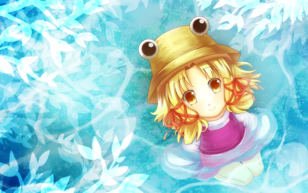 Anime wallpaper of Suwako Moriya (Touhou), 2K Quad HD desktop background featuring her in a frog-shaped hat amid swirling blue water and white leaf-like patterns.