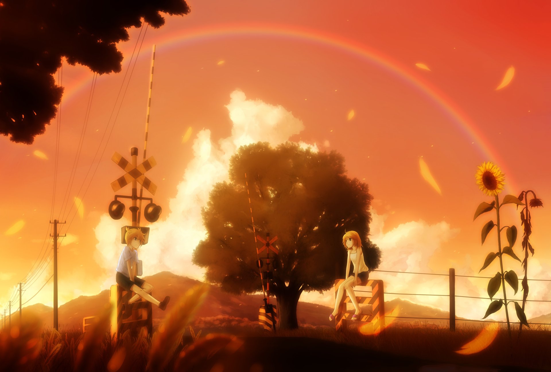 Rin Kagamine (Vocaloid) anime 2K Quad HD PC desktop wallpaper/background: sunset scene with two figures by a fence under a tree, rainbow arching overhead, sunflower and warm golden light.