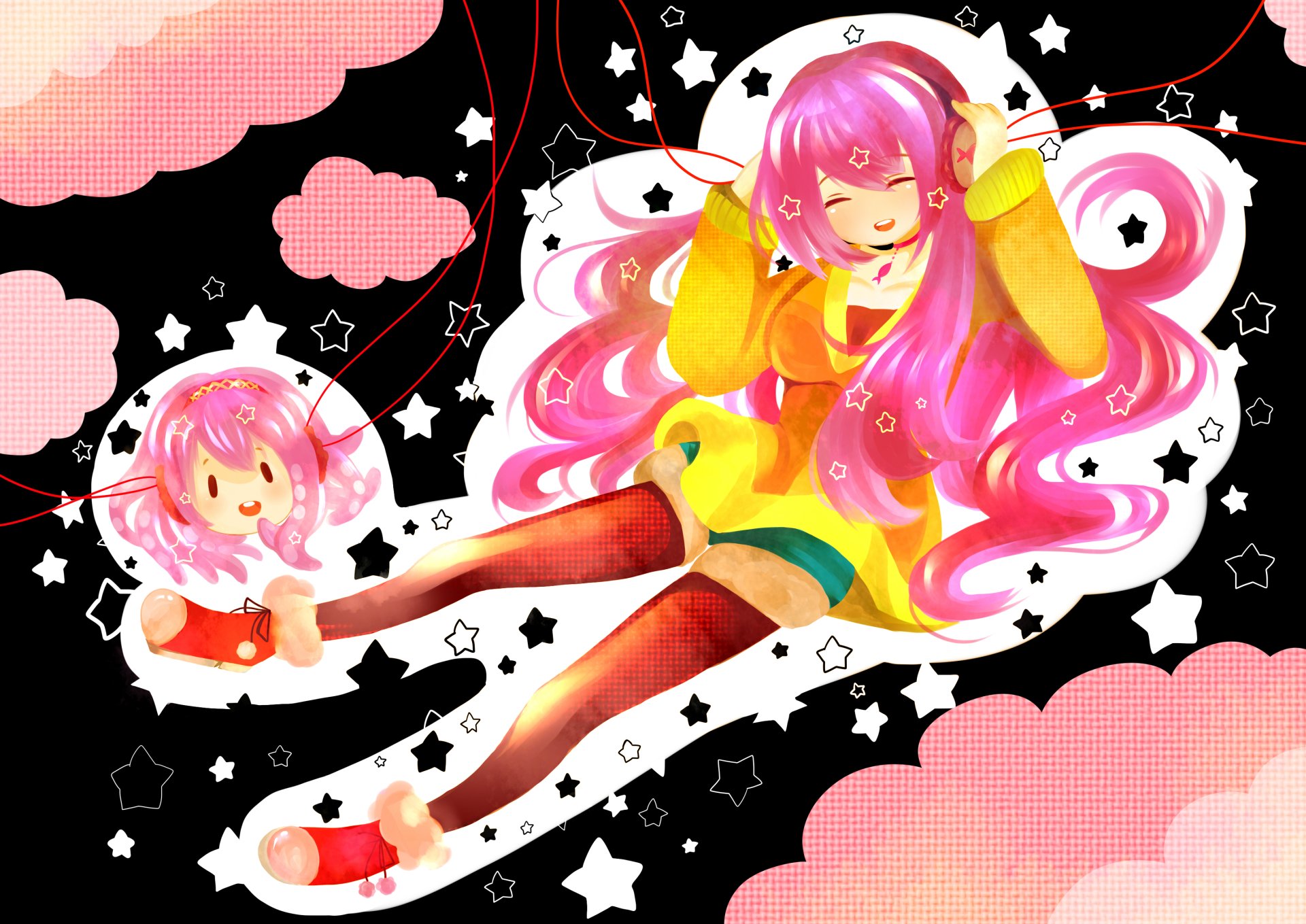 2K Quad HD PC wallpaper of Vocaloid Luka Megurine: flowing pink hair, yellow jacket and red fishnet stockings, lounging among stars, ribbons and pink clouds.