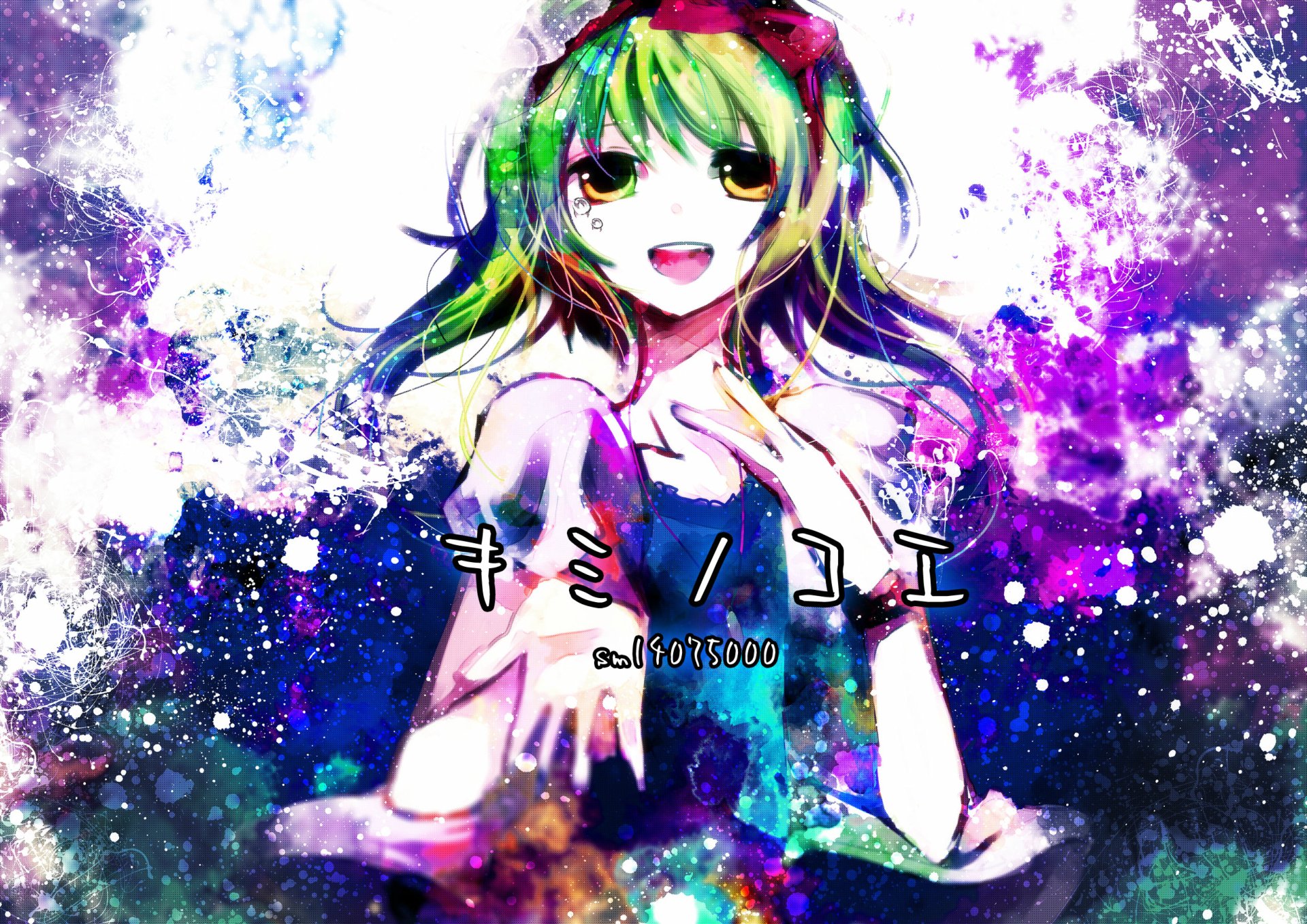 HD anime desktop wallpaper featuring GUMI from Vocaloid with vibrant colors and dynamic splashes of purple, blue, and green in the background.