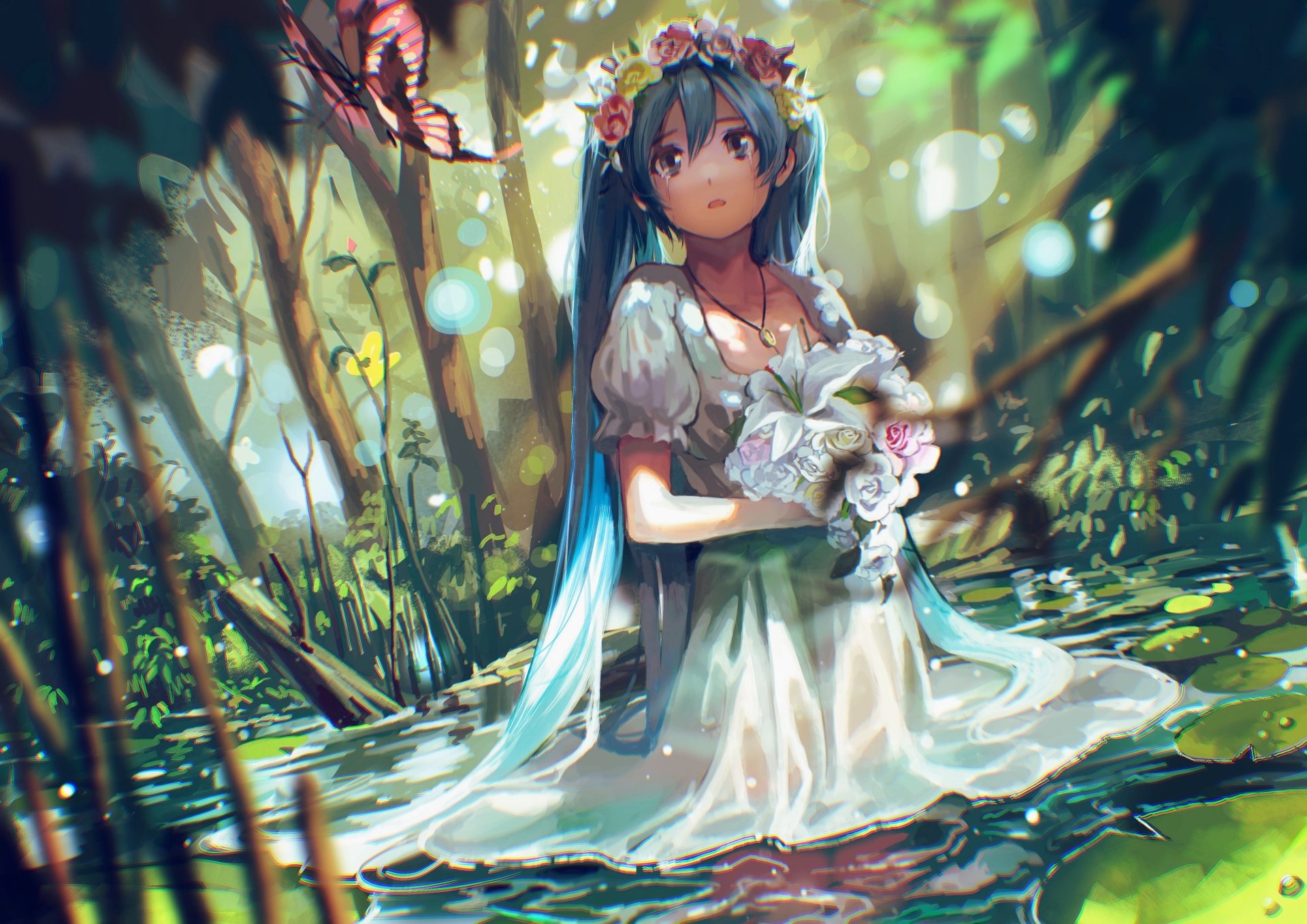 A vibrant 4K Ultra HD wallpaper featuring Hatsune Miku, an anime Vocaloid character, set in a lush, green landscape with soft lighting and floral accents.