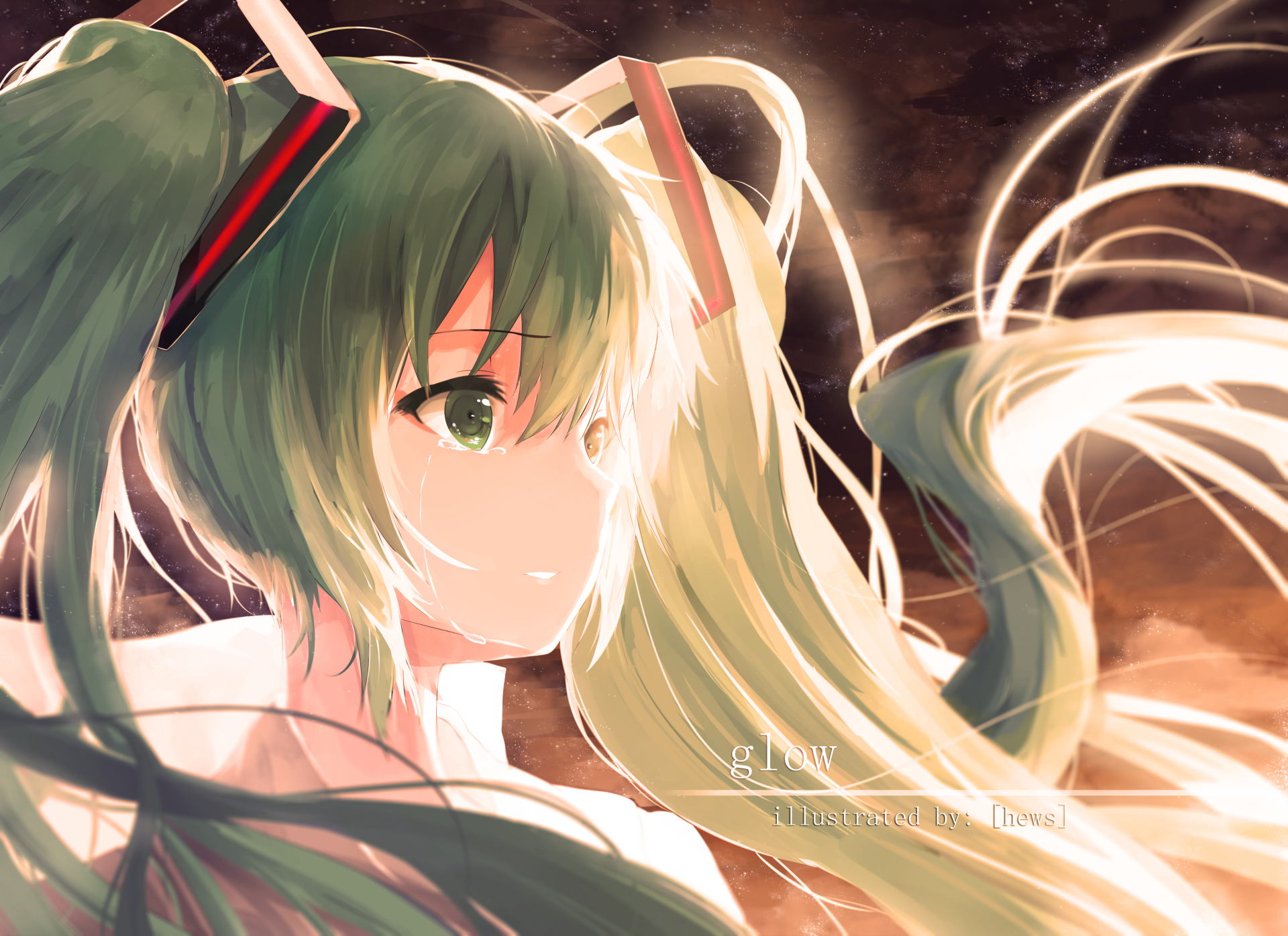 Hatsune Miku, the iconic Vocaloid character, is depicted in this stunning HD anime wallpaper, showcasing her flowing green hair and expressive features against a dramatic background.