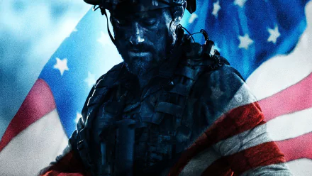 HD desktop wallpaper from the movie 13 Hours: The Secret Soldiers of Benghazi showing a battle-worn soldier in tactical gear against a faded American flag.