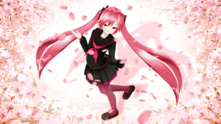Sakura Miku (Vocaloid) anime: pink twintails in a school-style outfit surrounded by falling cherry blossoms — HD PC desktop wallpaper/background.