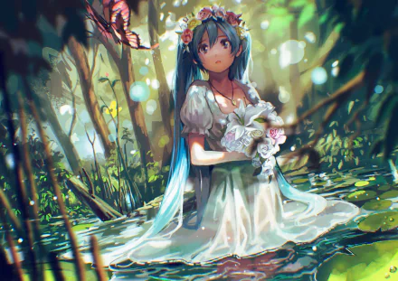A vibrant 4K Ultra HD wallpaper featuring Hatsune Miku, an anime Vocaloid character, set in a lush, green landscape with soft lighting and floral accents.