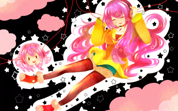 2K Quad HD PC wallpaper of Vocaloid Luka Megurine: flowing pink hair, yellow jacket and red fishnet stockings, lounging among stars, ribbons and pink clouds.