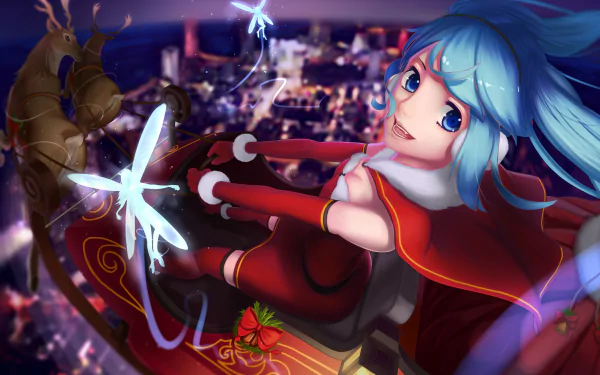 Hatsune Miku in a red Christmas outfit rides a sleigh over a glowing night city, blue hair streaming in a festive anime Vocaloid scene — 2K Quad HD PC desktop wallpaper/background