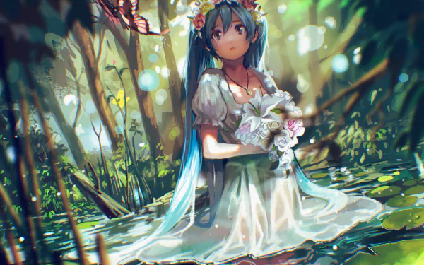 A vibrant 4K Ultra HD wallpaper featuring Hatsune Miku, an anime Vocaloid character, set in a lush, green landscape with soft lighting and floral accents.
