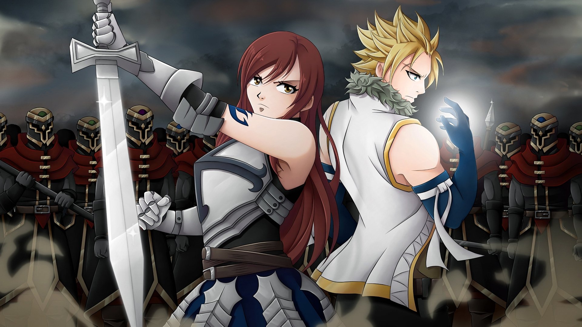 HD PC desktop wallpaper featuring Fairy Tail anime characters Erza Scarlet and Sting Eucliffe poised for battle against a dark, armored background.
