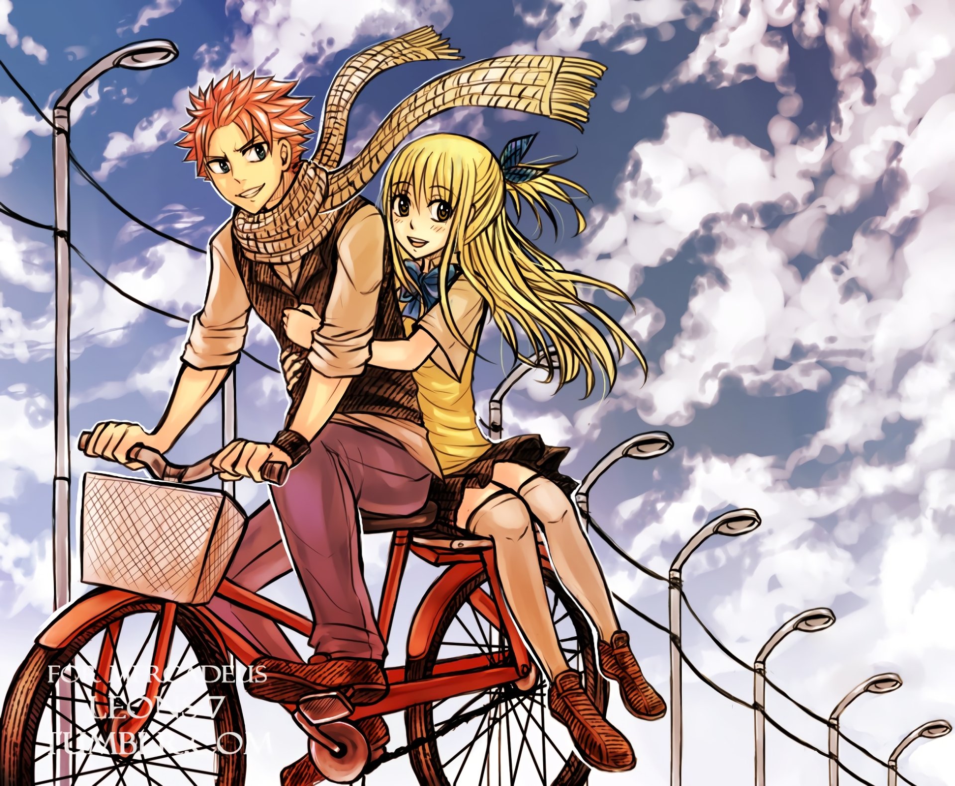 HD anime desktop wallpaper featuring Lucy Heartfilia and Natsu Dragneel from Fairy Tail riding a red bicycle under a bright, partly cloudy sky.