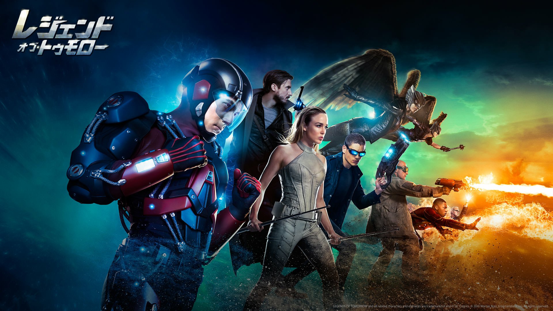 A dynamic HD wallpaper featuring characters from DC's Legends of Tomorrow, including Carter Hall, Kendra Sanders, Heat Wave, Captain Cold, and more in an action-packed scene.