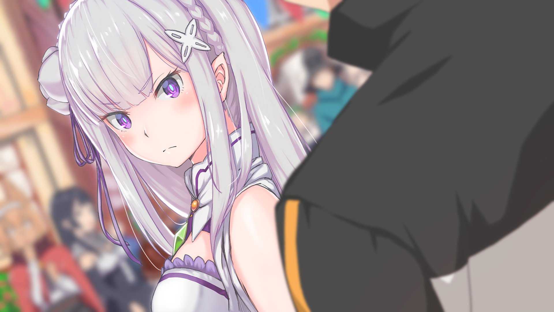 Emilia from Re:ZERO - Starting Life in Another World is featured in this HD PC desktop wallpaper, showcasing her striking appearance and captivating expression amidst a vibrant scene.