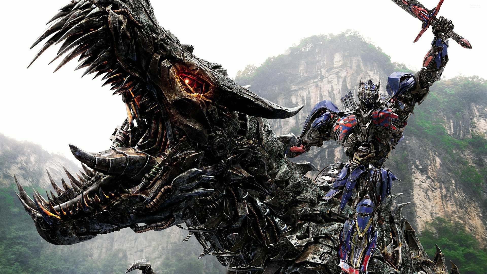 Optimus Prime rides a fierce robotic dinosaur in this striking HD wallpaper from Transformers: Age of Extinction, showcasing an epic battle-ready scene.