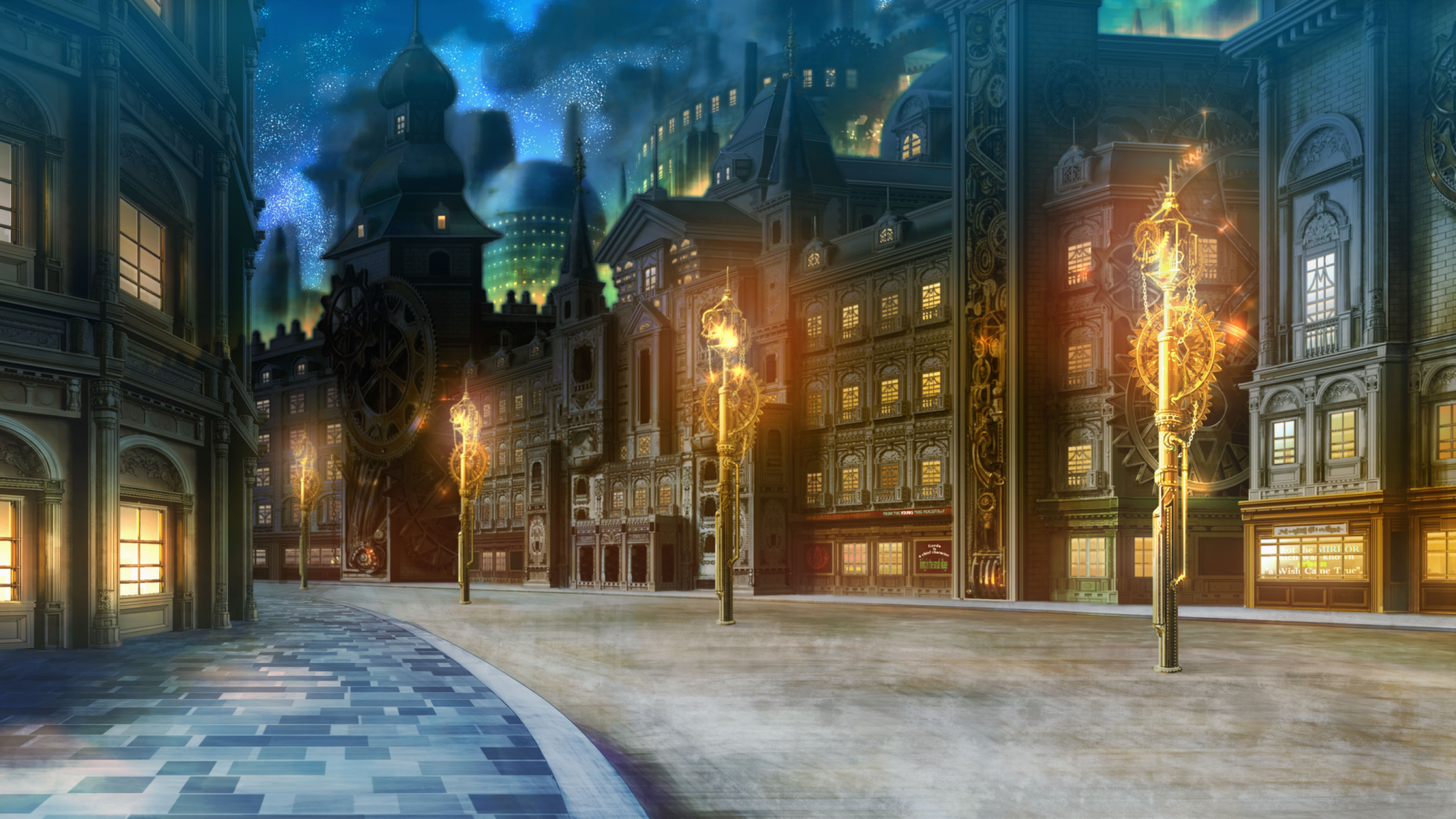 2K Quad HD PC desktop wallpaper from the video game Code: Realize — a moonlit, steampunk-inspired city street with cobblestones, glowing gaslamps and ornate domed buildings.