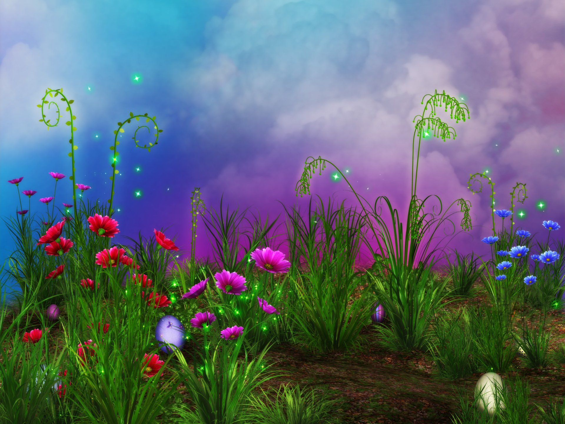 Download Pink Flower Blue Flower Red Flower Colors Grass Path Artistic ...