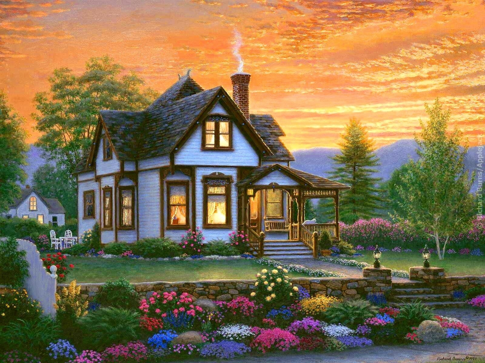 Enchanting Cottage at Sunset HD Wallpaper for Nature Lovers by Richard