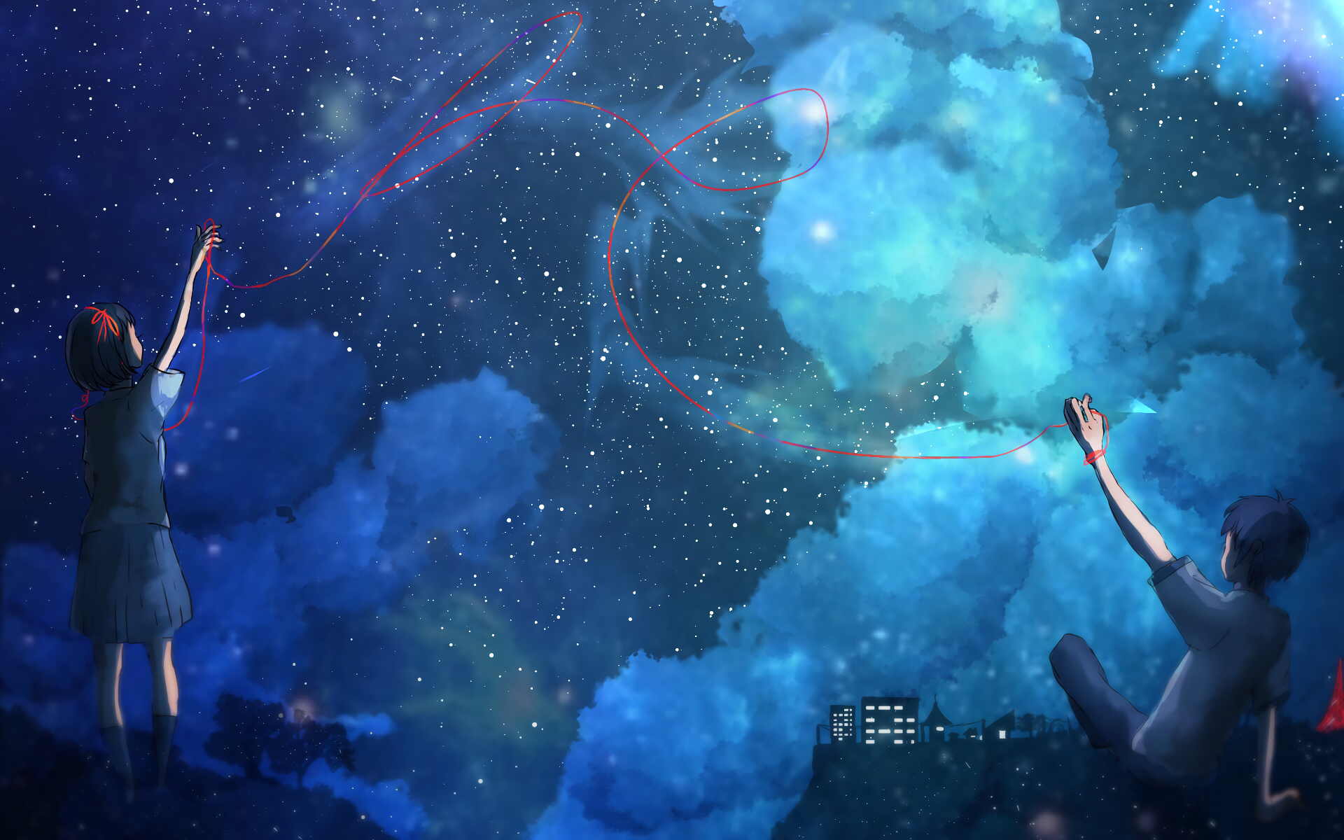 A captivating anime scene featuring Taki Tachibana and Mitsuha Miyamizu from Your Name, set against a starry backdrop with vibrant clouds and ethereal colors.