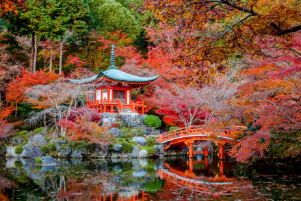 A serene Japanese garden at Daigo-ji, featuring a vibrant shrine, a wooden bridge, and colorful fall foliage reflecting in tranquil waters.