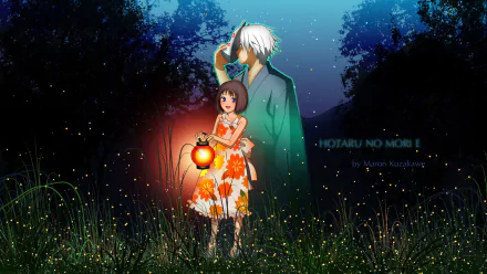 HD PC desktop wallpaper featuring characters from the movie Into the Forest of Fireflies' Light, with a glowing lantern amid a starry, firefly-lit forest backdrop.