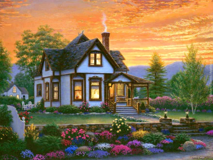 A charming cottage framed by vibrant flowers and lush trees, bathed in the warm hues of a sunset, beautifully captures the essence of serene countryside living in this artistic HD painting.