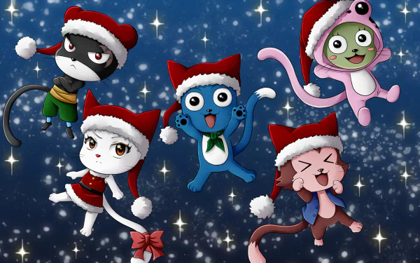 Five adorable cat characters from Fairy Tail—Panther Lily, Frosch, Lector, Charles, and Happy—celebrate with festive Santa hats against a sparkling background.