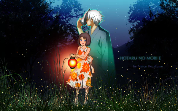 HD PC desktop wallpaper featuring characters from the movie Into the Forest of Fireflies' Light, with a glowing lantern amid a starry, firefly-lit forest backdrop.