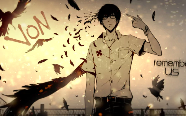 A striking HD wallpaper featuring Nine from the anime Zankyou no Terror, showcasing a dramatic scene with birds and the text remember US against a haunting background.